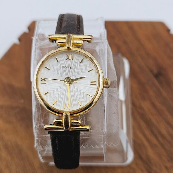 Fossil Accessories - Fossil Women's Classic Gold Tone Decorative Faced Watch Brown Leather Strap